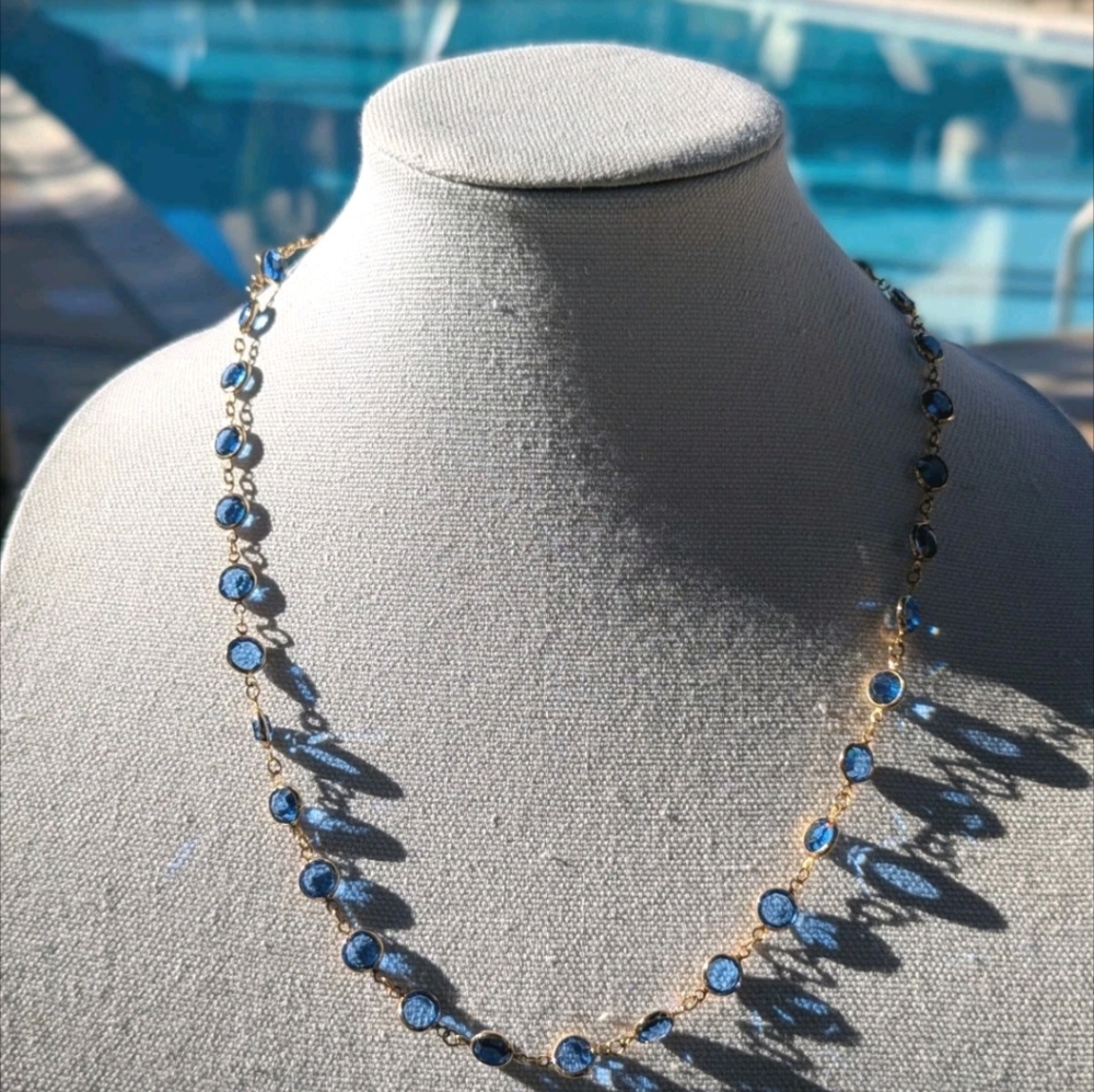 Swarovski Signed Vintage 80's Goldplated Blue Crystal Bezel Chiclet Necklace 24"